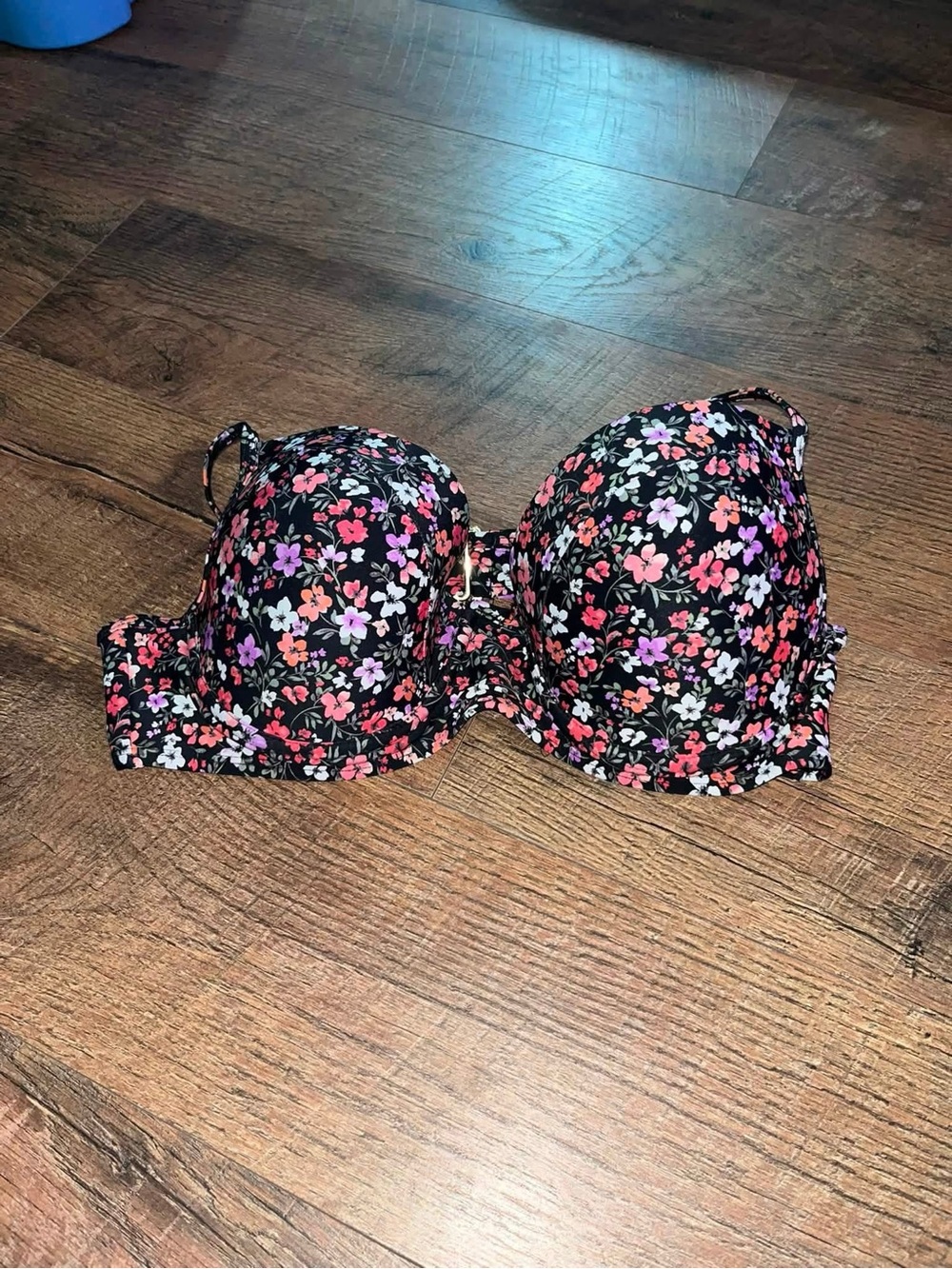 Floral Underwire Strapless Bra - Black with Pink & Purple Flowers